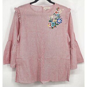Passport Top Blouse Women Tunic Top Large L Red Stripe Flower Ruffle New B50